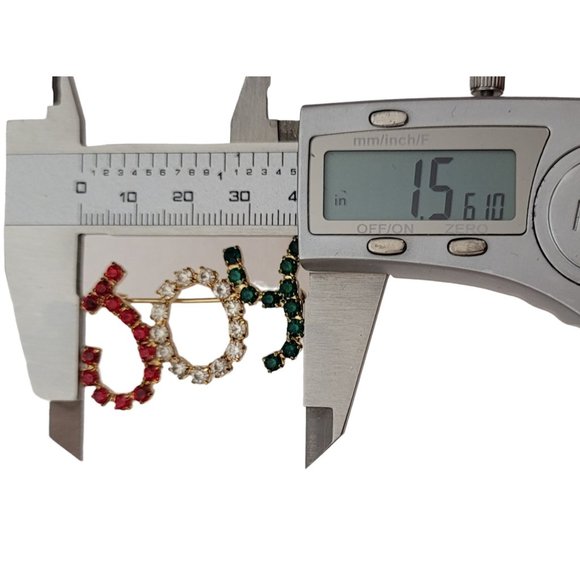 Gold Tone Red Green Clear Prong Rhinestone JOY Brooch Pin K827 - Picture 6 of 7